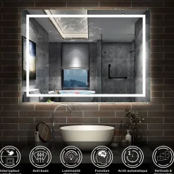 AICA Sanitaire Miroir de salle de bain LED dimmable, avec mémoire et anti-buée, 110x80cm, IP44,* Miroir Lumineux