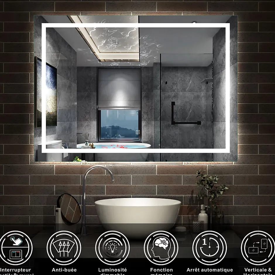 AICA Sanitaire Miroir de salle de bain LED dimmable, avec mémoire et anti-buée, 110x80cm, IP44,* Miroir Lumineux