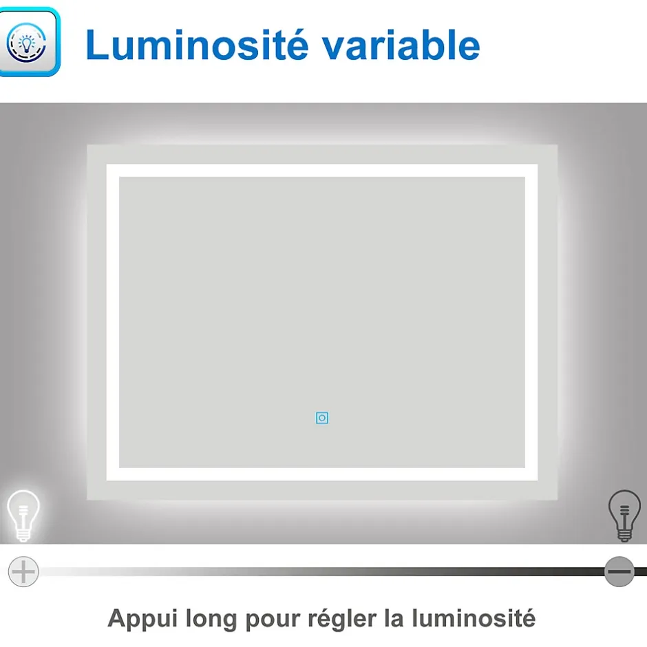 AICA Sanitaire Miroir de salle de bain LED dimmable, avec mémoire et anti-buée, 110x80cm, IP44,* Miroir Lumineux