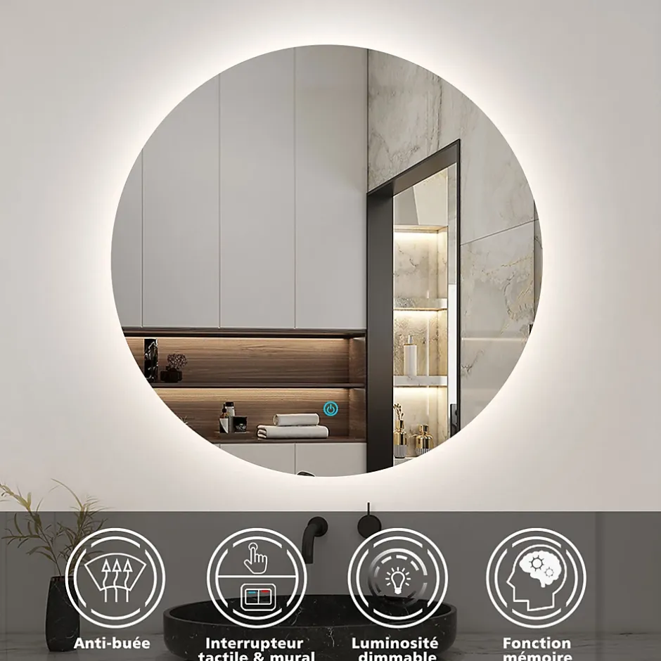 AICA Sanitaire Miroir de salle de bain LED rond 80 cm avec rétro-éclairage sans cadre, anti-buée + mémoire + dimmable,