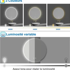 AICA Sanitaire Miroir de salle de bain LED rond 100cm avec rétro-éclairage, tricolore + anti-buée + mémoire + gradation infinie,