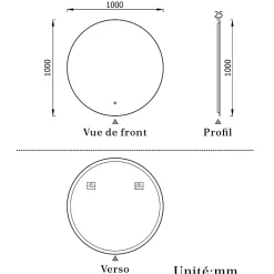 AICA Sanitaire Miroir de salle de bain LED rond 100cm avec rétro-éclairage, tricolore + anti-buée + mémoire + gradation infinie,