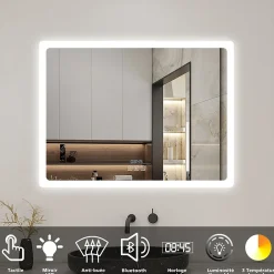 AICA Sanitaire Miroir de salle de bain LED avec bluetooth et horloge, 80x60cm, Tri-color, anti-buée,* Miroir Lumineux