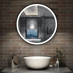 AICA Sanitaire Miroir de salle de bain LED rond 60cm avec cadre noir, tricolore + anti-buée + mémoire + gradation infinie,