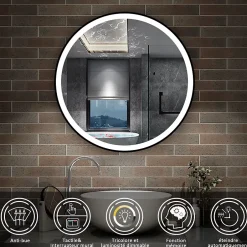 AICA Sanitaire Miroir de salle de bain LED rond 60cm avec cadre noir, tricolore + anti-buée + mémoire + gradation infinie,