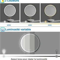 AICA Sanitaire Miroir de salle de bain LED rond 60cm avec cadre noir, tricolore + anti-buée + mémoire + gradation infinie,