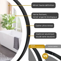 AICA Sanitaire Miroir de salle de bain LED rond 60cm avec cadre noir, tricolore + anti-buée + mémoire + gradation infinie,