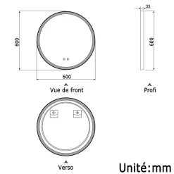 AICA Sanitaire Miroir de salle de bain LED rond 60cm avec cadre noir, tricolore + anti-buée + mémoire + gradation infinie,
