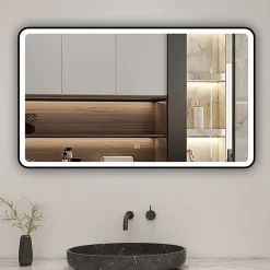 AICA Sanitaire Miroir de salle de bain LED 120x70cm avec cadre noir, tricolore + anti-buée + mémoire + gradation infinie,* Miroir Lumineux