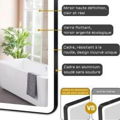 AICA Sanitaire Miroir de salle de bain LED 120x70cm avec cadre noir, tricolore + anti-buée + mémoire + gradation infinie,* Miroir Lumineux
