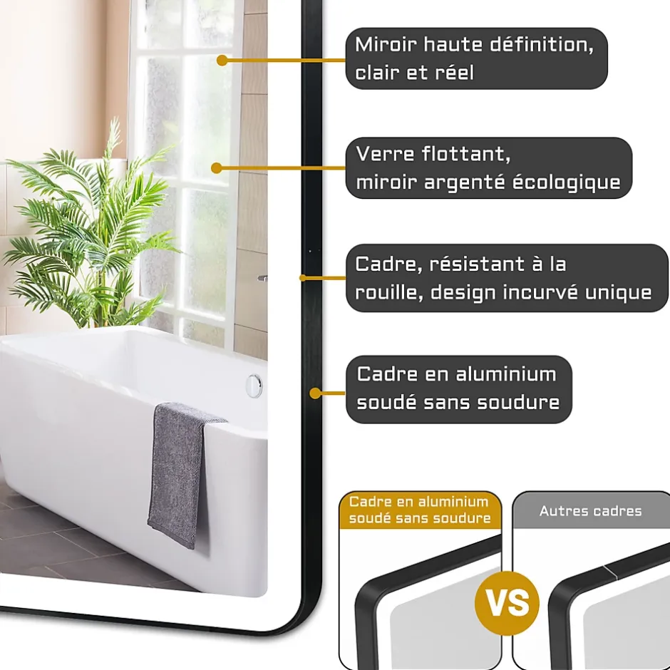 AICA Sanitaire Miroir de salle de bain LED 120x70cm avec cadre noir, tricolore + anti-buée + mémoire + gradation infinie,* Miroir Lumineux