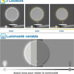 AICA Sanitaire Miroir de salle de bain LED rond 80 cm avec rétro-éclairage, tricolore + anti-buée + mémoire + gradation infinie,* Miroir Lumineux