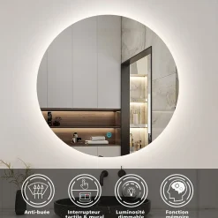 AICA Sanitaire Miroir de salle de bain LED rond 60 cm avec rétro-éclairage sans cadre, anti-buée + mémoire + dimmable,
