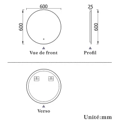 AICA Sanitaire Miroir de salle de bain LED rond 60 cm avec rétro-éclairage sans cadre, anti-buée + mémoire + dimmable,