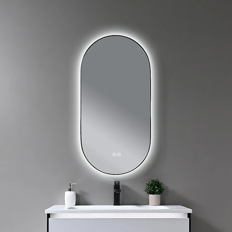 Luxury Bain Miroir de salle de bain LED 45x90cm ovale anti buée avec cadre en aluminium noir- LuxuryBain