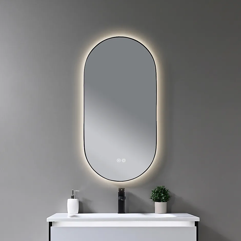 Luxury Bain Miroir de salle de bain LED 45x90cm ovale anti buée avec cadre en aluminium noir- LuxuryBain