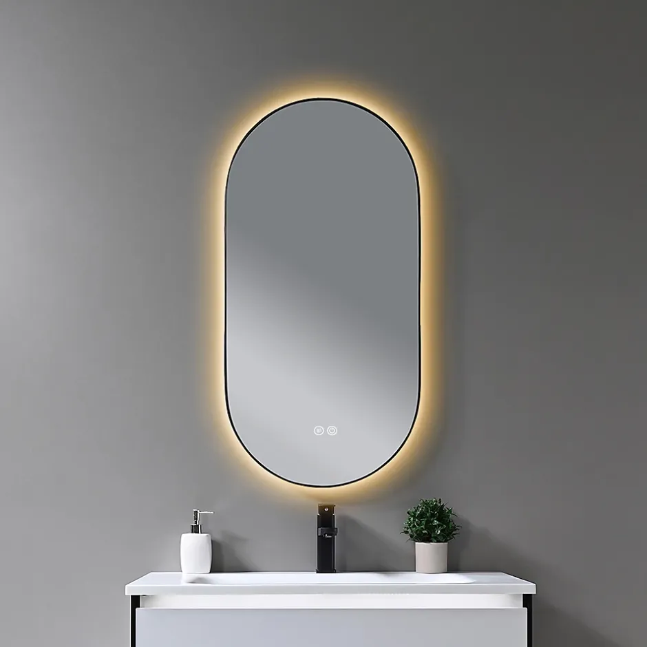 Luxury Bain Miroir de salle de bain LED 45x90cm ovale anti buée avec cadre en aluminium noir- LuxuryBain