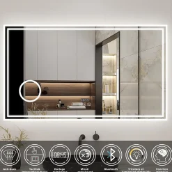AICA Sanitaire Miroir de salle de bain LED 160x80cm Tricolor anti-buée avec bluetooth simple, horloge et miroir grossissant 3x,
