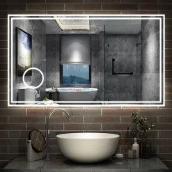 AICA Sanitaire Miroir de salle de bain LED 160x80cm Tricolor anti-buée avec bluetooth simple, horloge et miroir grossissant 3x,