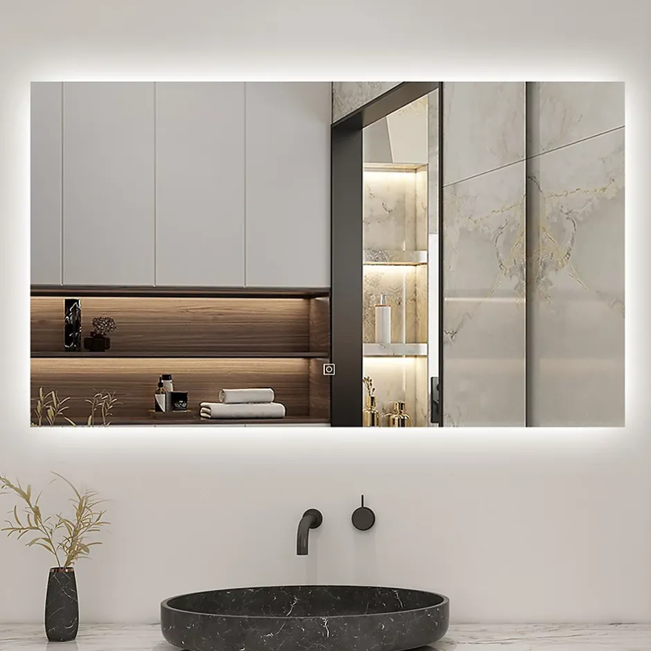 AICA Sanitaire Miroir de salle de bain LED 120x70 cm rétro-éclairé sans cadre avec anti-buée + mémoire + dimmable,