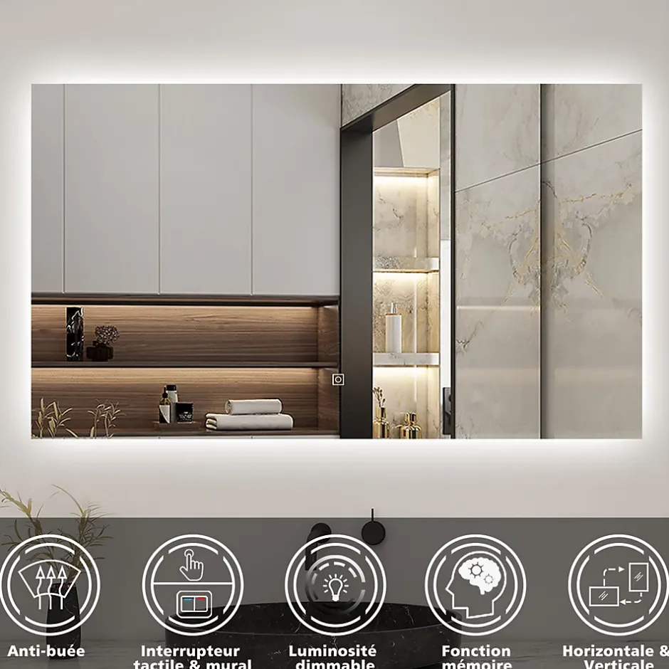 AICA Sanitaire Miroir de salle de bain LED 120x70 cm rétro-éclairé sans cadre avec anti-buée + mémoire + dimmable,