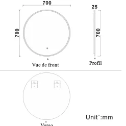 AICA Sanitaire Miroir de salle de bain led rond 70 cm, anti buée miroir avec interrupteur tactile,lumière blanche,* Miroir Lumineux