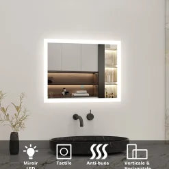 AICA Sanitaire Miroir de salle de bain LED intégrée avec anti-buée 80x60cm Horizontal/Vertical Blanc froid,