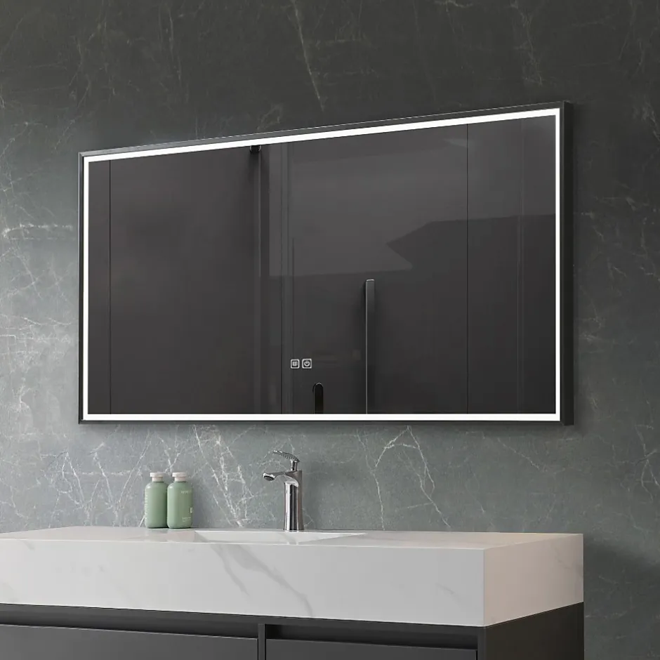Luxury Bain Miroir de salle de bain LED 120x60cm anti buée, luminosité variable avec cadre en aluminium noir LuxuryBain* Miroir Lumineux