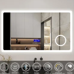 AICA Sanitaire Miroir de salle de bain led bluetooth, 80x60cm Anti-buée, 3x Loupe, 3 couleurs de lumière,