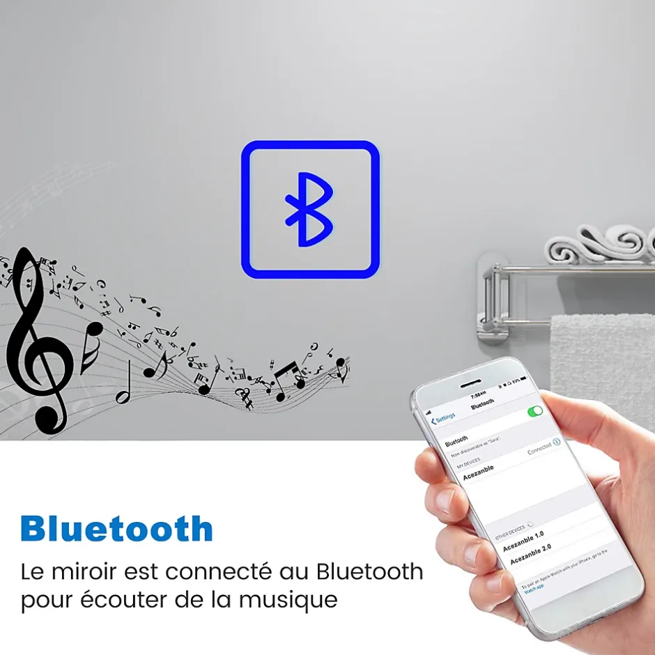 AICA Sanitaire Miroir de salle de bain LED 120x70cm tricolor anti-buée avec bluetooth et loupe 3x,mémoire et lumière gradation,