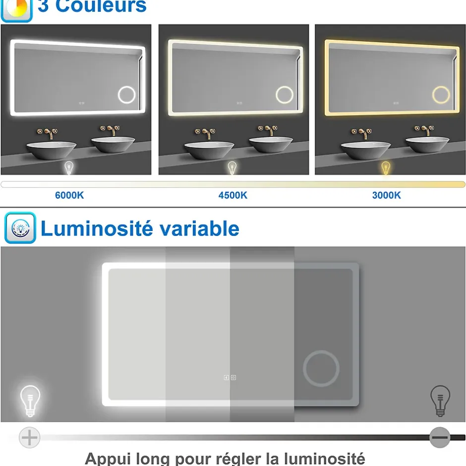 AICA Sanitaire Miroir de salle de bain LED 120x70cm tricolor anti-buée avec bluetooth et loupe 3x,mémoire et lumière gradation,