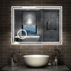 AICA Sanitaire Miroir de salle de bain LED 100x60cm Tricolor anti-buée avec bluetooth simple, horloge et miroir grossissant 3x,* Miroir Lumineux