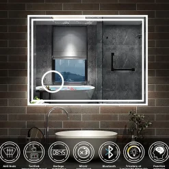 AICA Sanitaire Miroir de salle de bain LED 100x60cm Tricolor anti-buée avec bluetooth simple, horloge et miroir grossissant 3x,* Miroir Lumineux