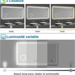 AICA Sanitaire Miroir de salle de bain LED 100x60cm Tricolor anti-buée avec bluetooth simple, horloge et miroir grossissant 3x,* Miroir Lumineux
