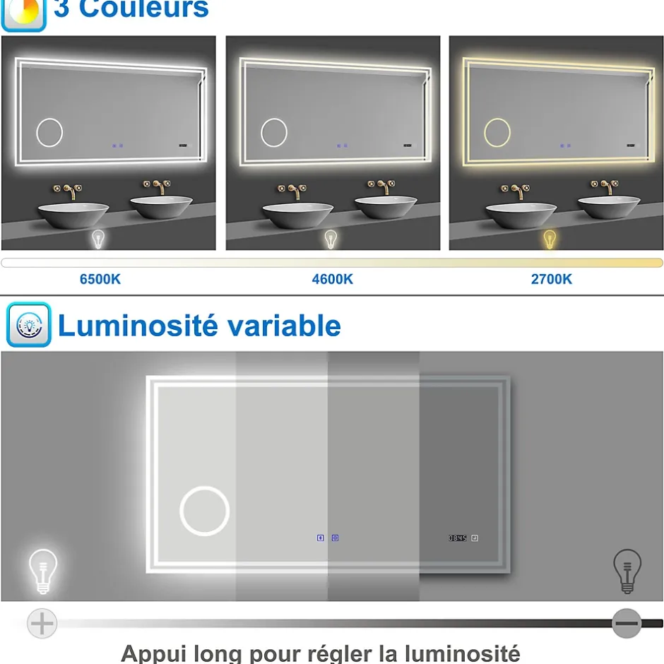 AICA Sanitaire Miroir de salle de bain LED 100x60cm Tricolor anti-buée avec bluetooth simple, horloge et miroir grossissant 3x,* Miroir Lumineux