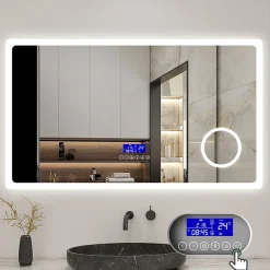 AICA Sanitaire Miroir de salle de bain led bluetooth, 100x60cm Anti-buée, 3x Loupe, 3 couleurs de lumière,
