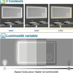 AICA Sanitaire Miroir de salle de bain LED 80x60cm tricolore anti-buée + bluetooth + loupe + mémoire + dimmable,