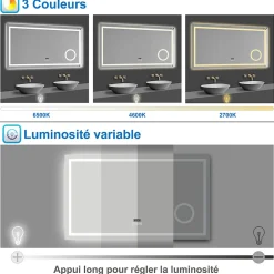 AICA Sanitaire Miroir de salle de bain LED 80x60cm tricolore anti-buée + loupe + bluetooth + horloge + mémoire + dimmable,* Miroir Lumineux