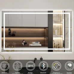 AICA Sanitaire Miroir de salle de bain LED 100x60cm tricolore anti-buée + bluetooth + horloge + mémoire + dimmable,