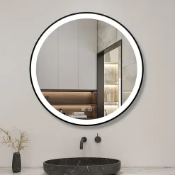 AICA Sanitaire Miroir de salle de bain LED rond 70 cm avec cadre noir, tricolore + anti-buée + mémoire + gradation infinie,* Miroir Lumineux