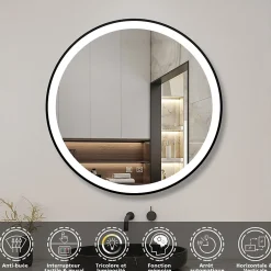 AICA Sanitaire Miroir de salle de bain LED rond 70 cm avec cadre noir, tricolore + anti-buée + mémoire + gradation infinie,* Miroir Lumineux