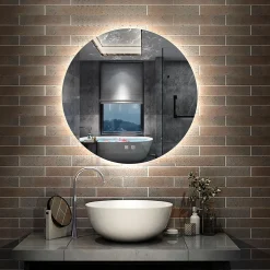 AICA Sanitaire Miroir de salle de bain LED rond 80cm avec rétro-éclairage, tricolore + anti-buée + mémoire + gradation infinie,