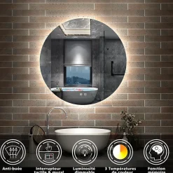 AICA Sanitaire Miroir de salle de bain LED rond 80cm avec rétro-éclairage, tricolore + anti-buée + mémoire + gradation infinie,