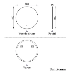AICA Sanitaire Miroir de salle de bain LED rond 80cm avec rétro-éclairage, tricolore + anti-buée + mémoire + gradation infinie,