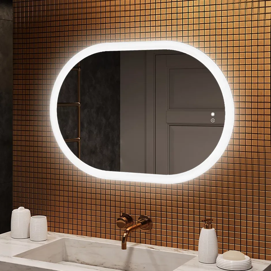Artforma Miroir de salle de bain lumineux - - Ovale - 100x70cm - LED Dual + interrupteur tactile + anti-buée