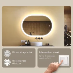 Artforma Miroir de salle de bain lumineux - - Ovale - 100x70cm - LED Dual + interrupteur tactile + anti-buée