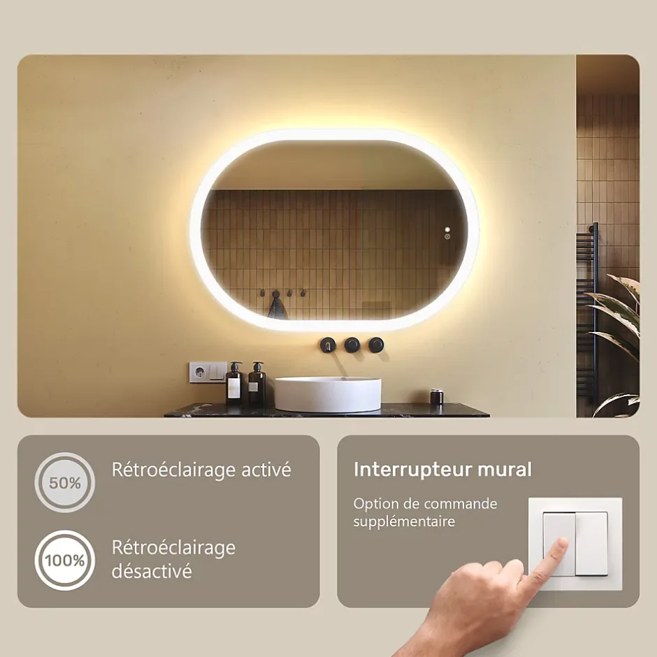 Artforma Miroir de salle de bain lumineux - - Ovale - 100x70cm - LED Dual + interrupteur tactile + anti-buée