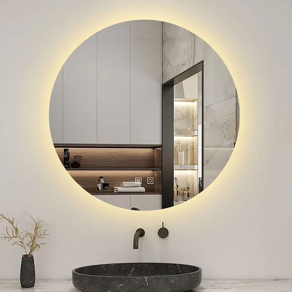 AICA Sanitaire Miroir de salle de bain LED rond 70 cm avec rétro-éclairage, tricolore + anti-buée + mémoire + gradation infinie,