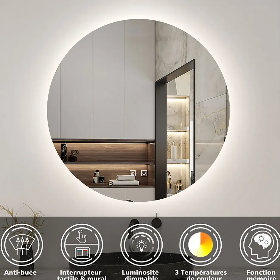 AICA Sanitaire Miroir de salle de bain LED rond 70 cm avec rétro-éclairage, tricolore + anti-buée + mémoire + gradation infinie,