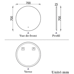 AICA Sanitaire Miroir de salle de bain LED rond 70 cm avec rétro-éclairage, tricolore + anti-buée + mémoire + gradation infinie,